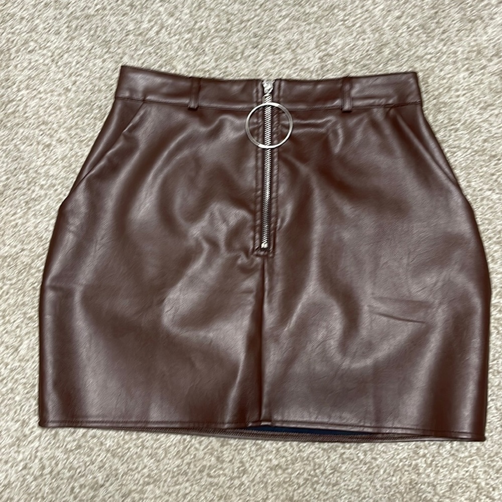 Faux Leather Chocolate Brown Zip Front Mini Skirt